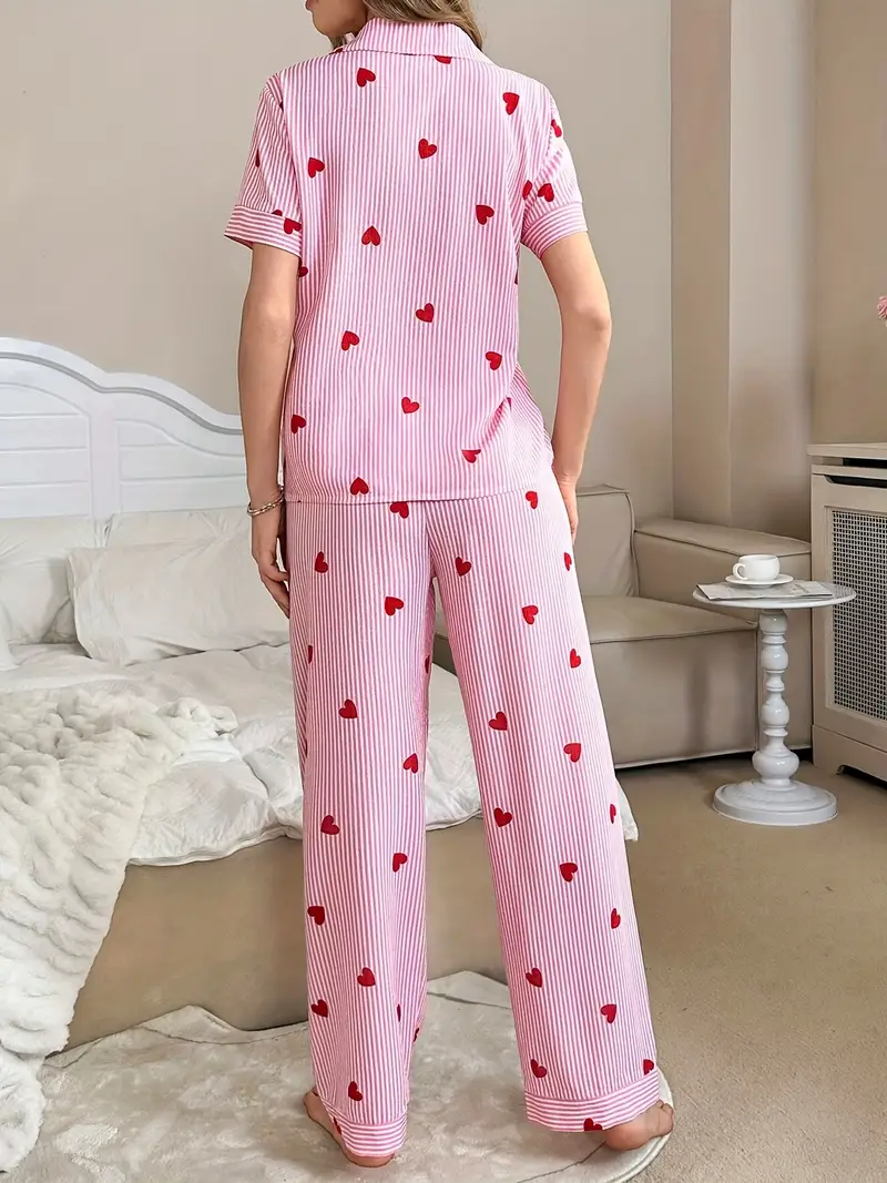 heart shaped printed pajama set short sleeved button shirt and stretch trousers polyester pajama set machine washable Product details 4
