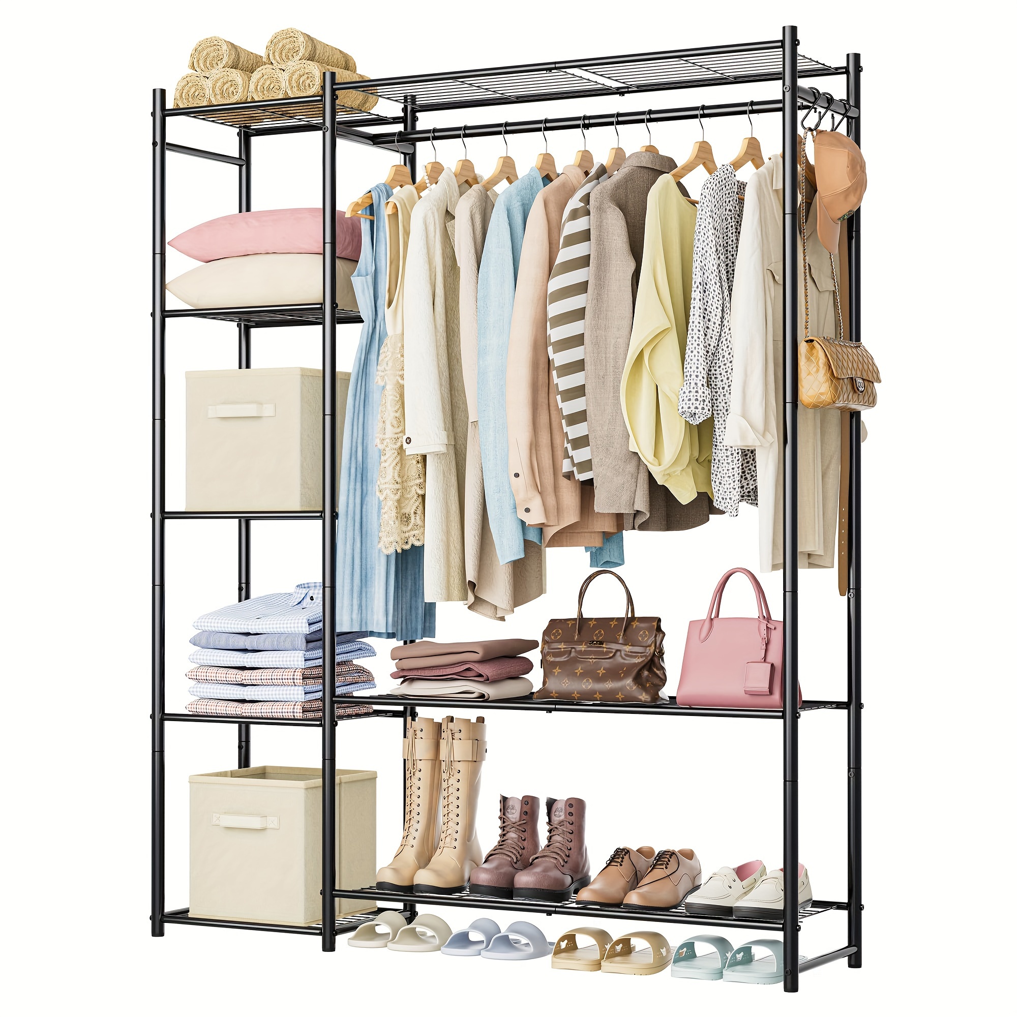 

Clothing Rack With Shelves, Portable Wardrobe Closet For Hanging Clothes Rods, Free Standing Shelves Organizers And Storage