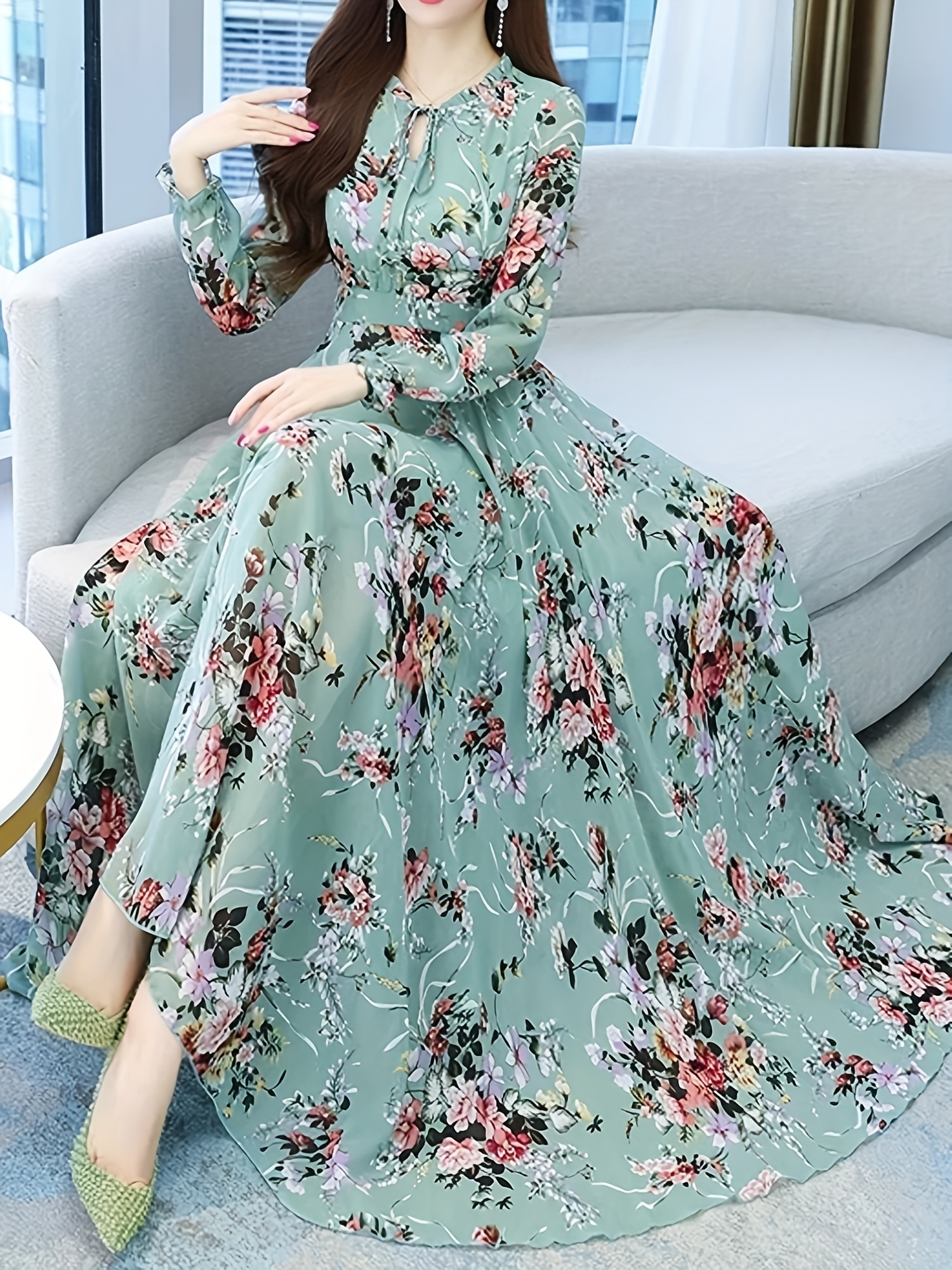 vestido maxi floral elegante mujer manga larga vintage - Temu Peru