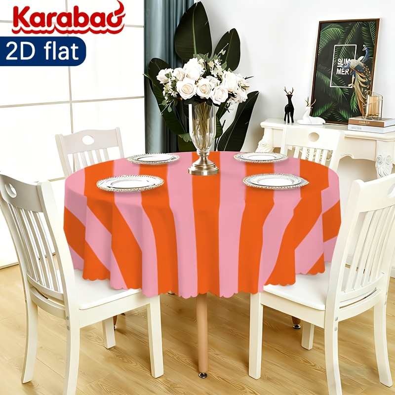 TEMU 1pc Tablecloth Suitable For Indoor/outdoor Use, Orange-pink Striped Wavy Round & Rectangular Table, Modern Minimalist Decor With Fringed Trim,