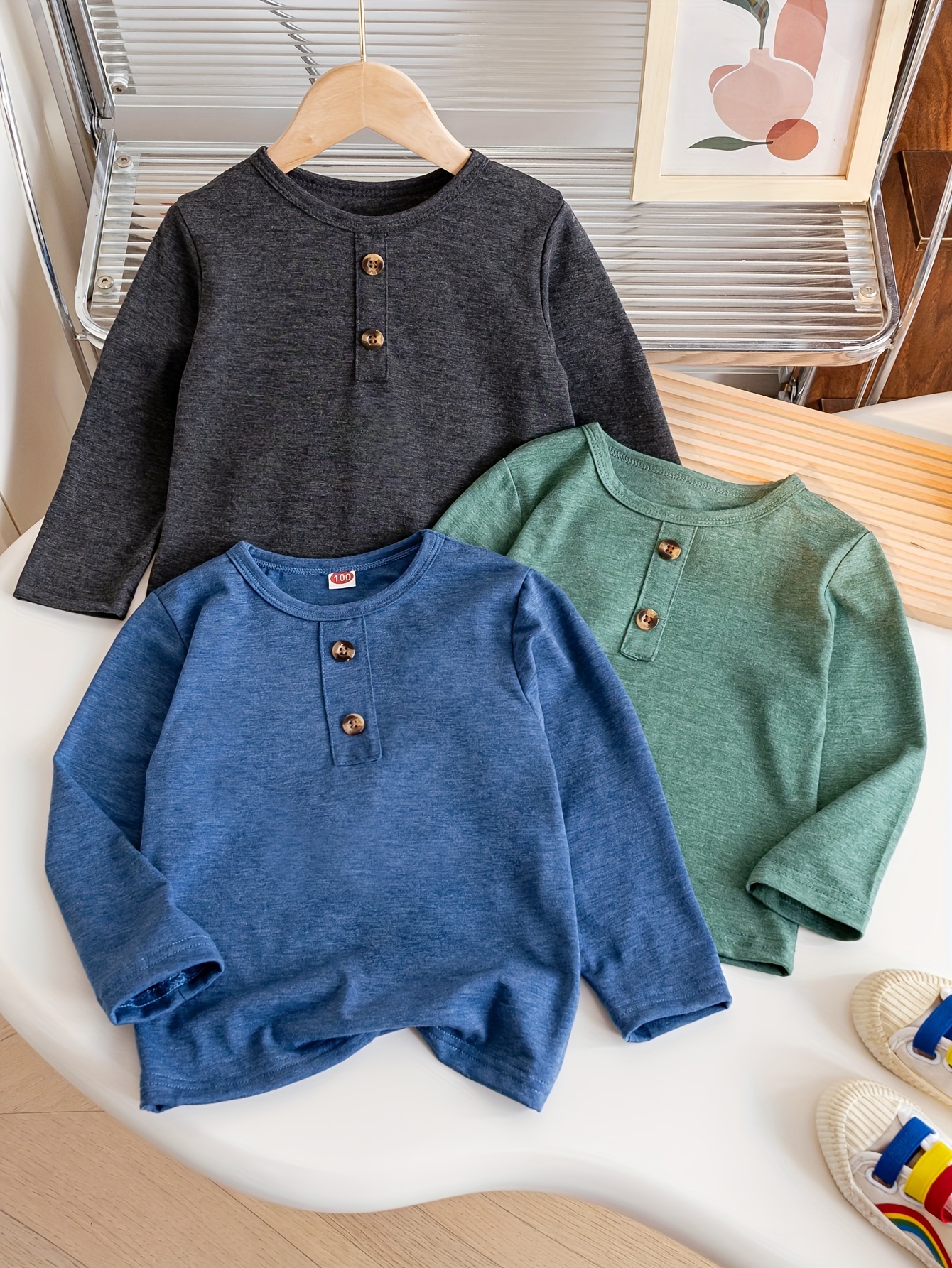 Boys' New Autumn/Winter Solid Color Loose Knit Long Sleeve T-Shirt Set, 3pcs Casual Round Neck Tops for Daily Wear and Outdoor Activities