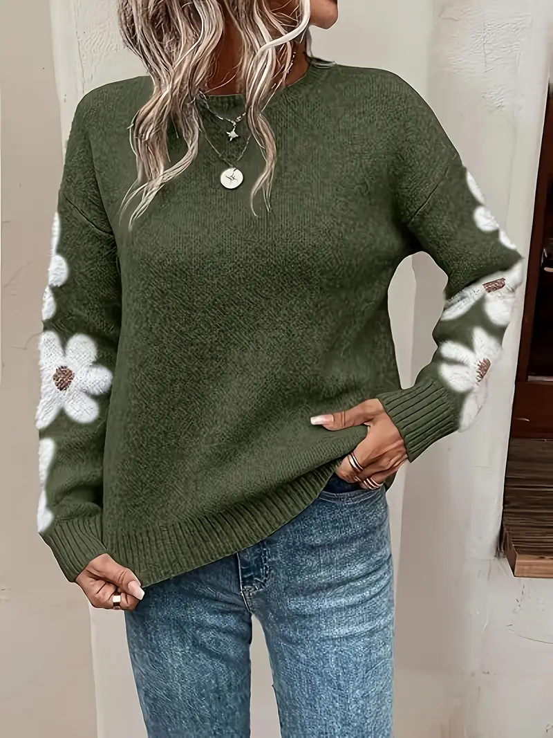 floral patterned crew neck knit sweater elegant and chic polyester blend knit fabric 359 g m Product details 4