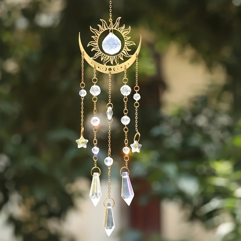 

1pc Golden Flame Moon Crystal Pendant Sunshine Catcher, Outdoor Garden Hanging Decoration Ornament, Live Decor, Room Decor, Home Decor, Window Decoration Pendant, Holiday Party Decoration