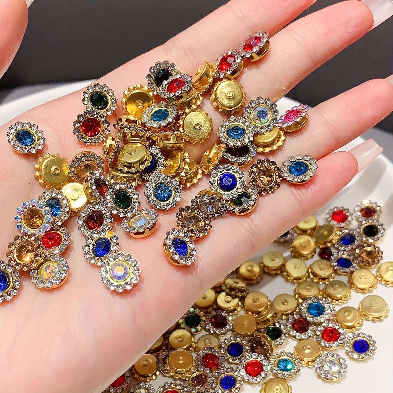 

100pcs Rhinestone Flatback Buttons, 10mm, Vintage Elegant Style Diy Embellishments For Decors Crafting, Assorted Colors, Perfect For Clothing Accessories, Scrapbooking, And Crafts