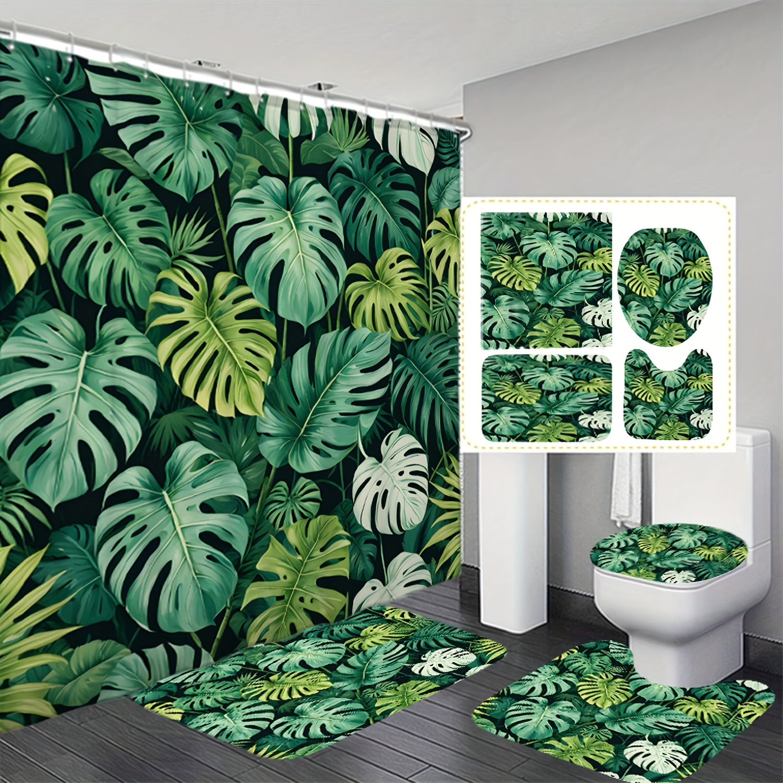 

1/4pcs Green Plant Print Shower Curtain Set, Waterproof Anti-mold Bathroom Shower Curtain With Non-slip Rugs, Toilet Lid Cover, And Bath Mat, Easy Install With C-type Hooks, Bathroom Decor