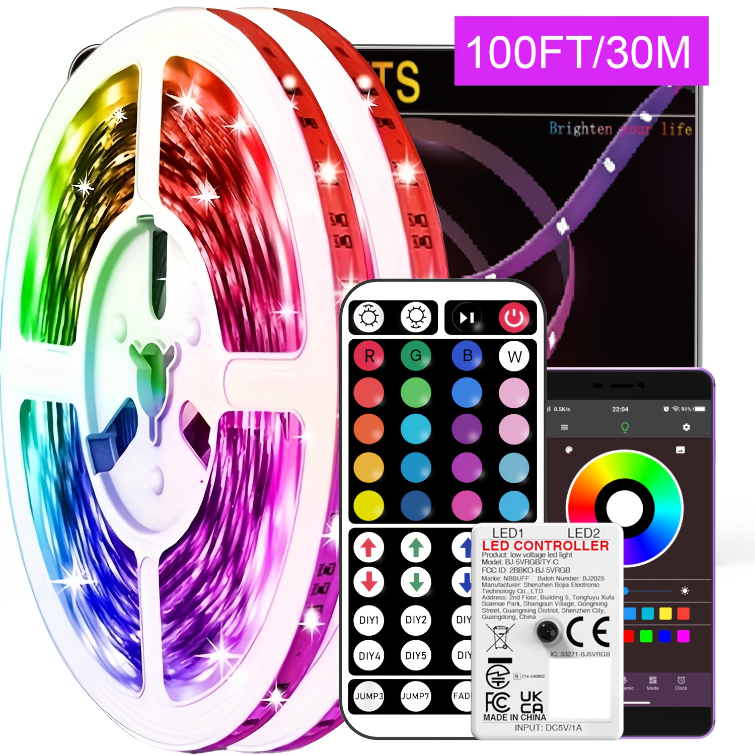 Image of 3.28ft-100ft Led Strip Lights, Led Lights With Remote And App Control, Color Changing, Music Sync Decor Room, For Bedroom Wall Decoration, Party, Birthday Christmas