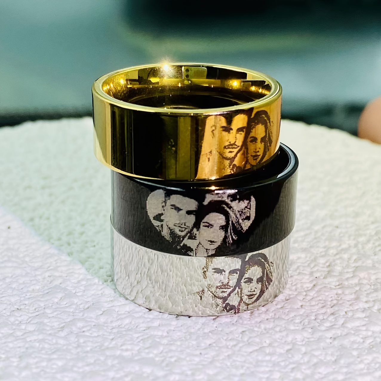Personalized Picture Ring Engraved Custom Image Polished Durable Couple Family
