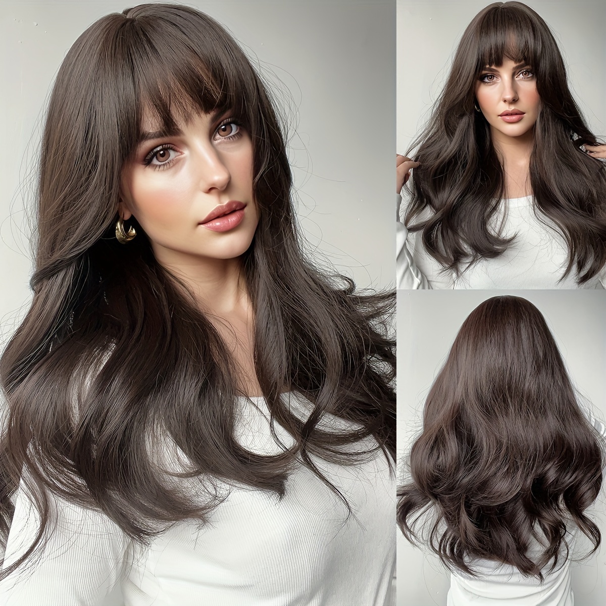 TEMU 20-inch Curly Wig With Bangs - Heat Resistant, Natural & , Long Style For Casual Attire And , | Bangs Wig | Stylish Hairline Wig, Wig Accessories