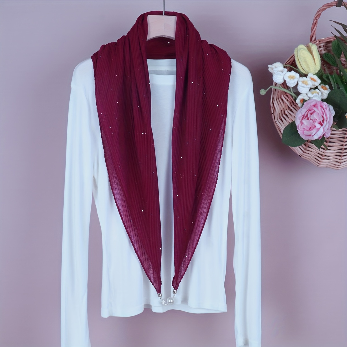 Image of Magnetic Closure Pleated Sequin Embellishment Solid Color Scarf Spring/autumn Style Fashion Versatile Scarf Neck Protection Multi-style Scarf Neck Warmer Shawl