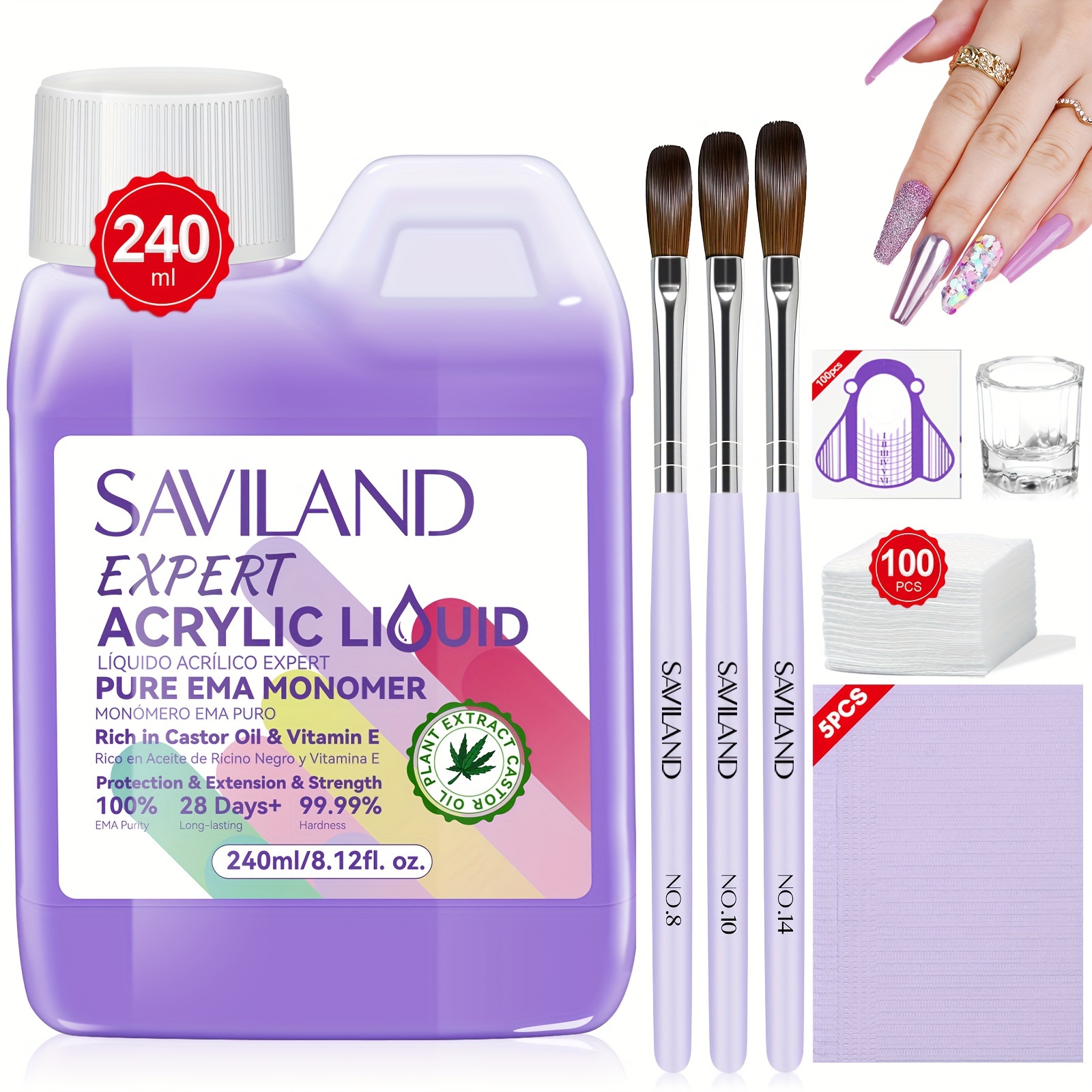 SAVILAND Salon-Grade Odorless Acrylic Liquid Monomer (8oz) - Castor Oil & Vitamin E Enriched Formula With Complete Nail Kit (Brush/Dappen Tray/Mat), Low-Fume EMA Technology For Healthy Nail Art 2025