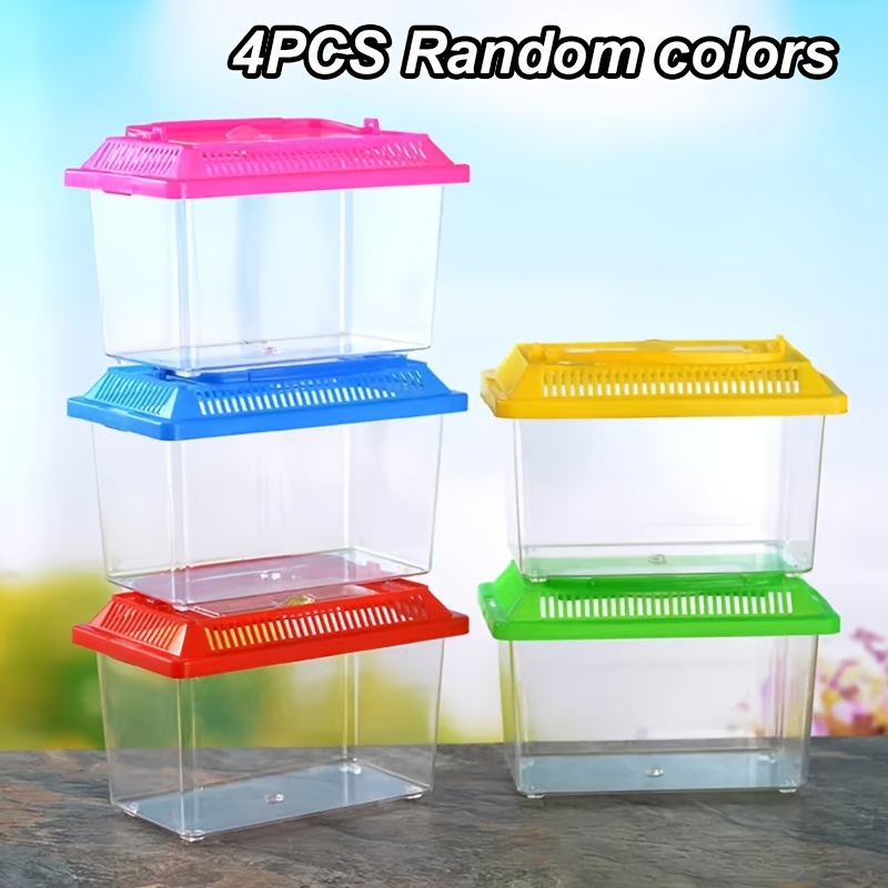 E-shop 4 Stück transparentes Aquarium mit Deckeln in zufälligen Farben, tragbares Zuchtaquarium für Reptilien mit Griff, aus robustem PP-Kunststoff,