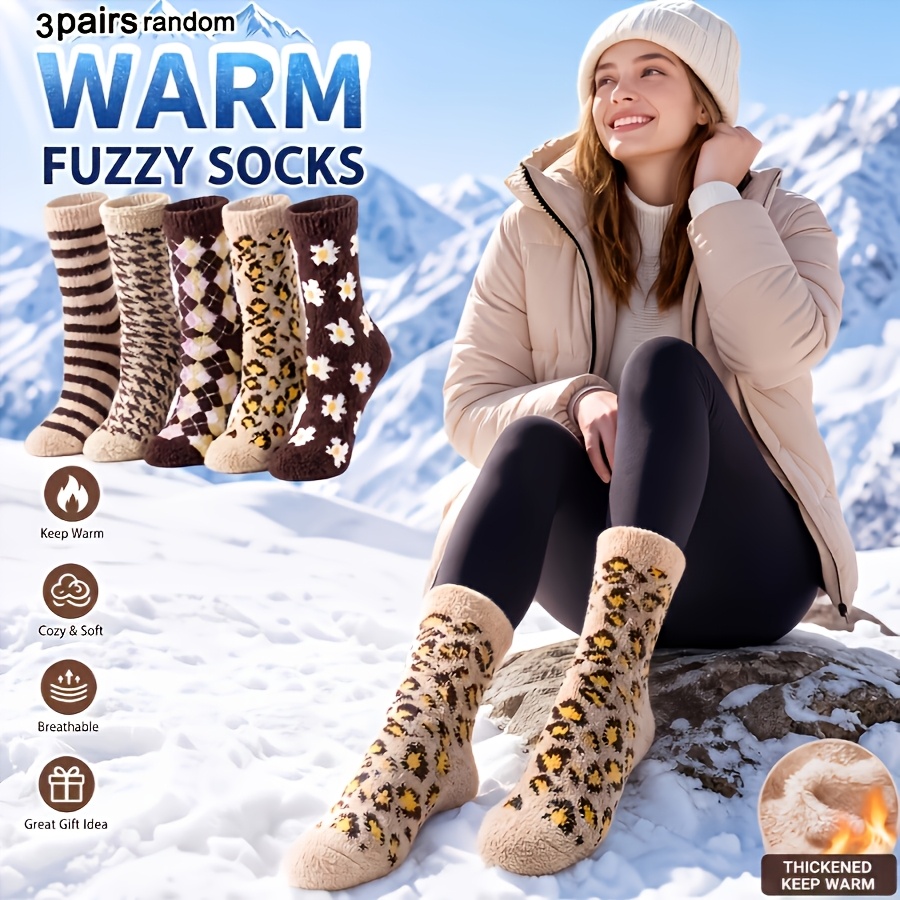 TEMU Calzini in peluche al polpaccio, stile retr簷 , con motivo a righe multicolore, a quadri, leopardato e , unisex, casuali, 3 , per e inverno, da