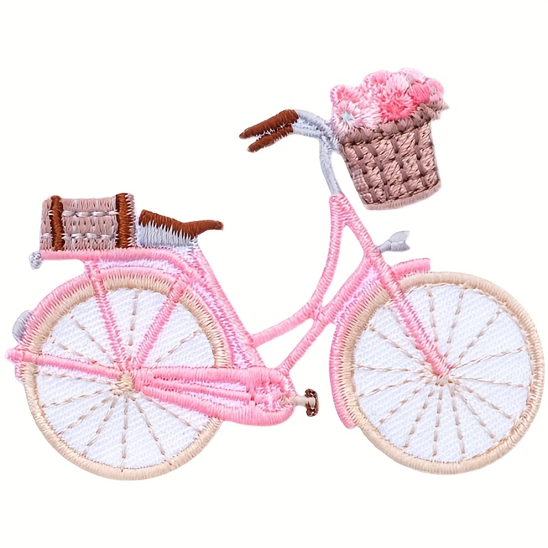E-shop 1 Stück Stickerei-Stoffaufkleber groß schönes rosa Fahrrad Stickerei-Patch Aufkleber DIY Kleidungszubehör süß retro kreative Kleidungsdekoration