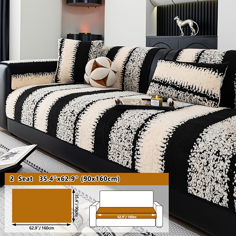 TEMU 1pc Of Minimalist Striped Polyester Velvet Sofa Cover, Suitable For , Thickened Polyester Velvet Sofa Cushion, Pet-friendly Furniture Cover For