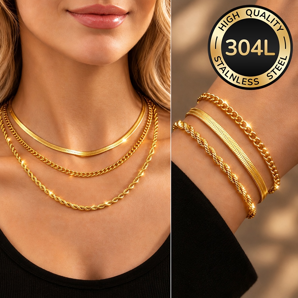 TEMU Ensemble de 6 pièces de collier et bracelet en acier inoxydable pour femmes, tendance et parfait pour , les vacances, les fêtes et