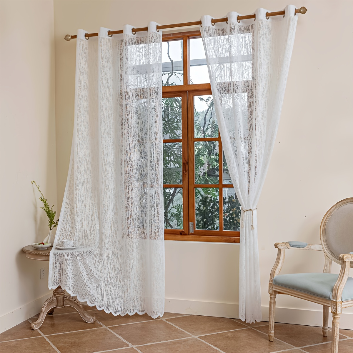 TEMU 1pc Grid Sheer Curtain Perforated Window Screen For Living Room And Bedroom, Kitchen, Patio, Villa