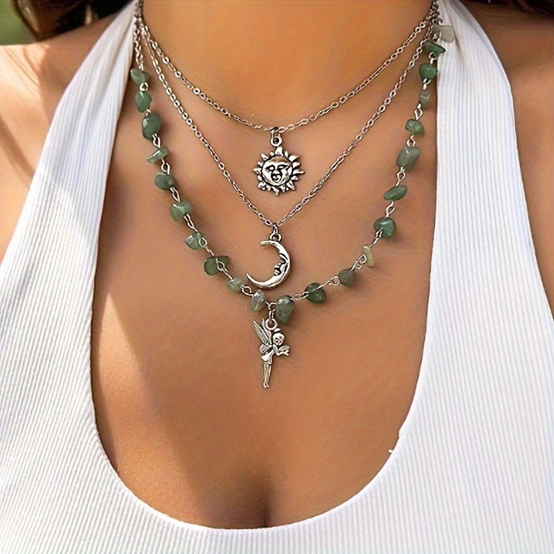 

A Set Of 3, Spicy Girl Style Dopamine Elf Moon Sun Necklace, Colored Irregular Crushed Stone Collarbone Chain, Bohemian Sun And Moon Necklace Set, Bohemian Fashion Jewelry Gift Party Ball