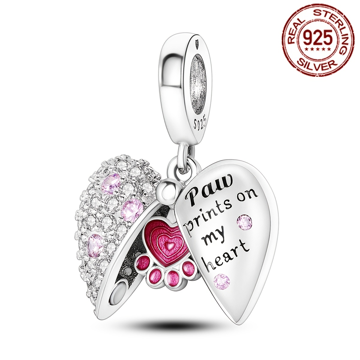 

1pc 925 Sterling Silver Heart-shaped Charm With Paw Print & Pink Crystals, Engraved " On My Heart" - Ideal For Diy Bracelet, Perfect Gift For Women