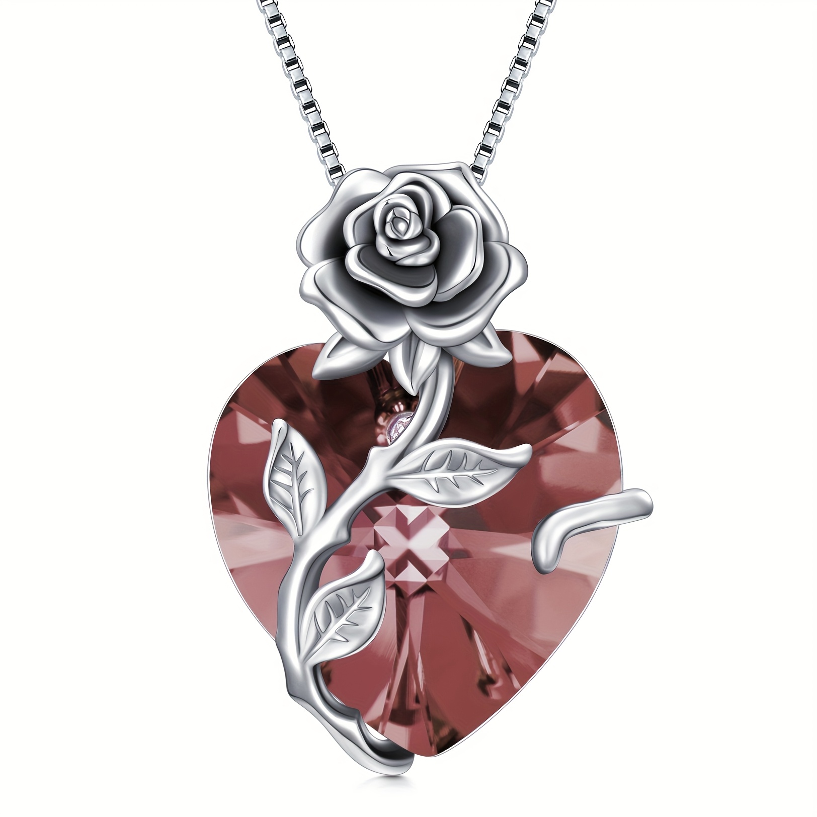 Image of 925 Sterling Silvery Rose Flower Pendant Heart Birthstone Necklace For Women, Anniversary Birthday Jewellery Gifts For Wife, Girlfriend, Mum, Daughter, Sister