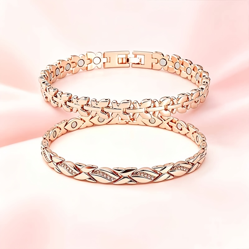 TEMU 2pcs Ladies' Copper Magnetic Bracelet With Rose Golden Plating, Featuring Leaf And Shapes, Exquisite Gift For Valentine's Day And Mother's Day,