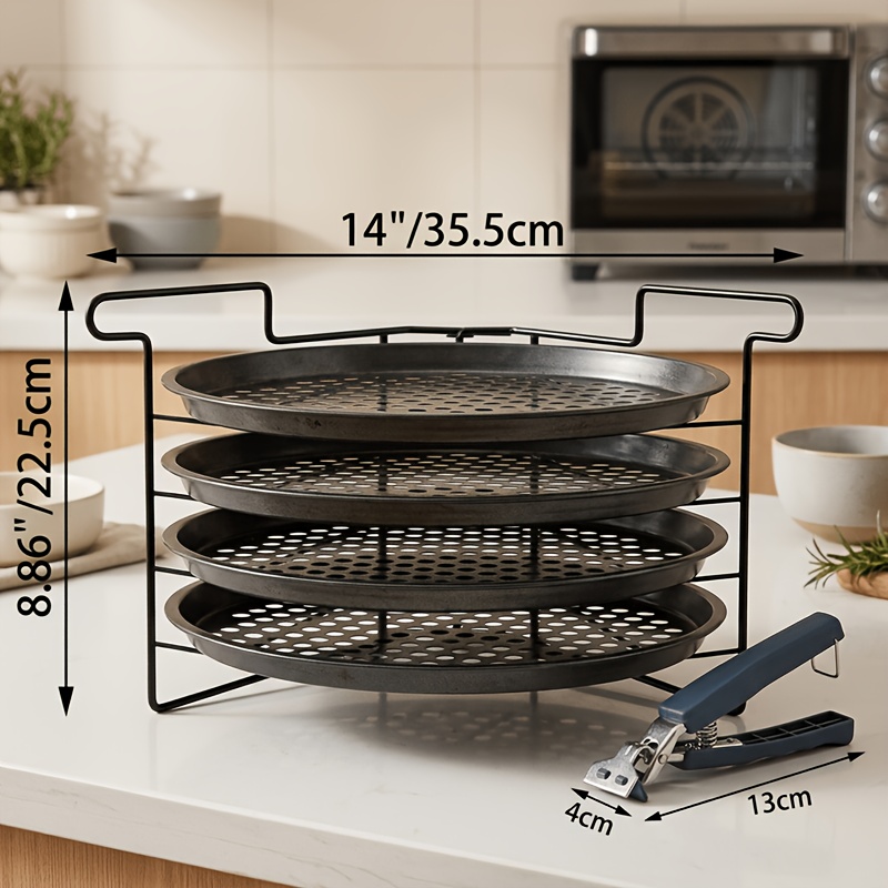 TEMU Pizza Rack And 4pcs Perforated 11-inch Pizza Pans With 1pc Bowl Clip, 4 Round Pizza Trays Including Folding Stand And 1pc Gripper, Designed For