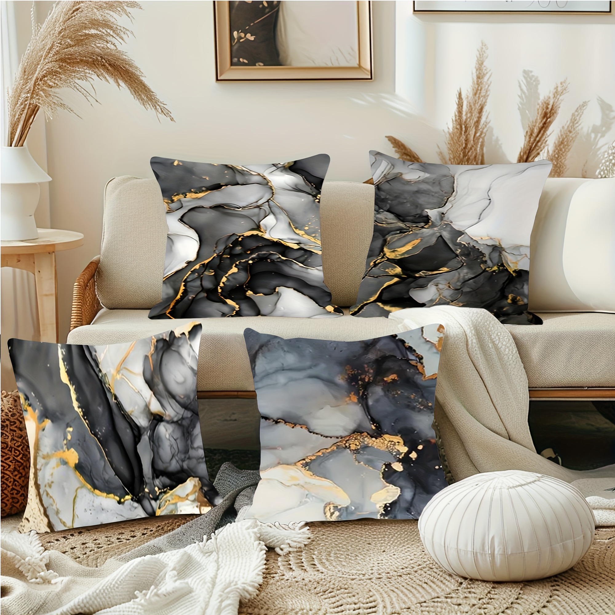 

4-piece Modern Marble Print Throw Pillow Covers - Easy-care Polyester, Zip Closure For Living Room, Bedroom & Car Decor (inserts Not Included)