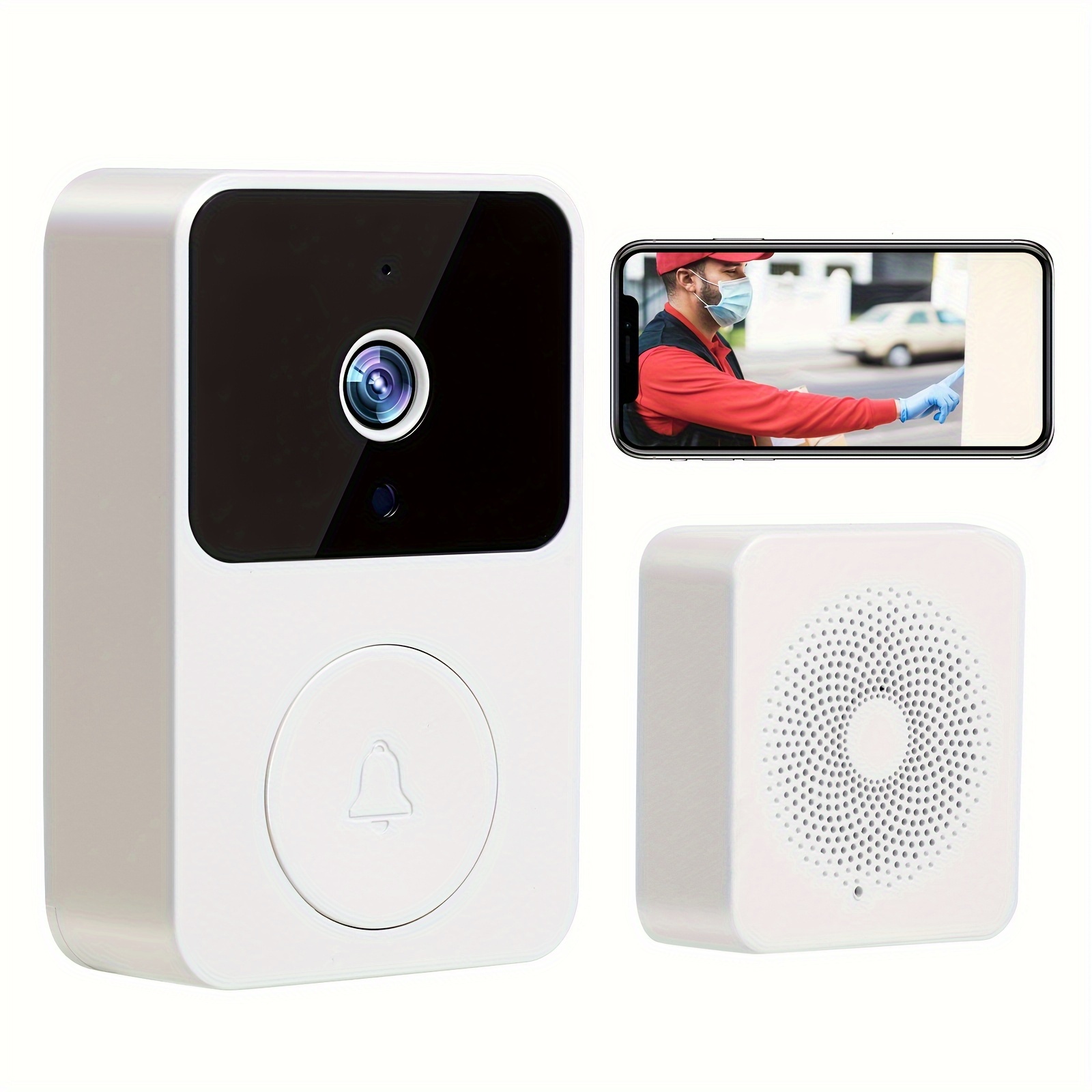 

[] Sleek White Smart Doorbell Camera With Hd Video & Night Vision - Voice-changing Security System, Wifi , , Usb Rechargeable 600mah Battery - Seamless Via Wall Mount, Wireless Doorbells For Home