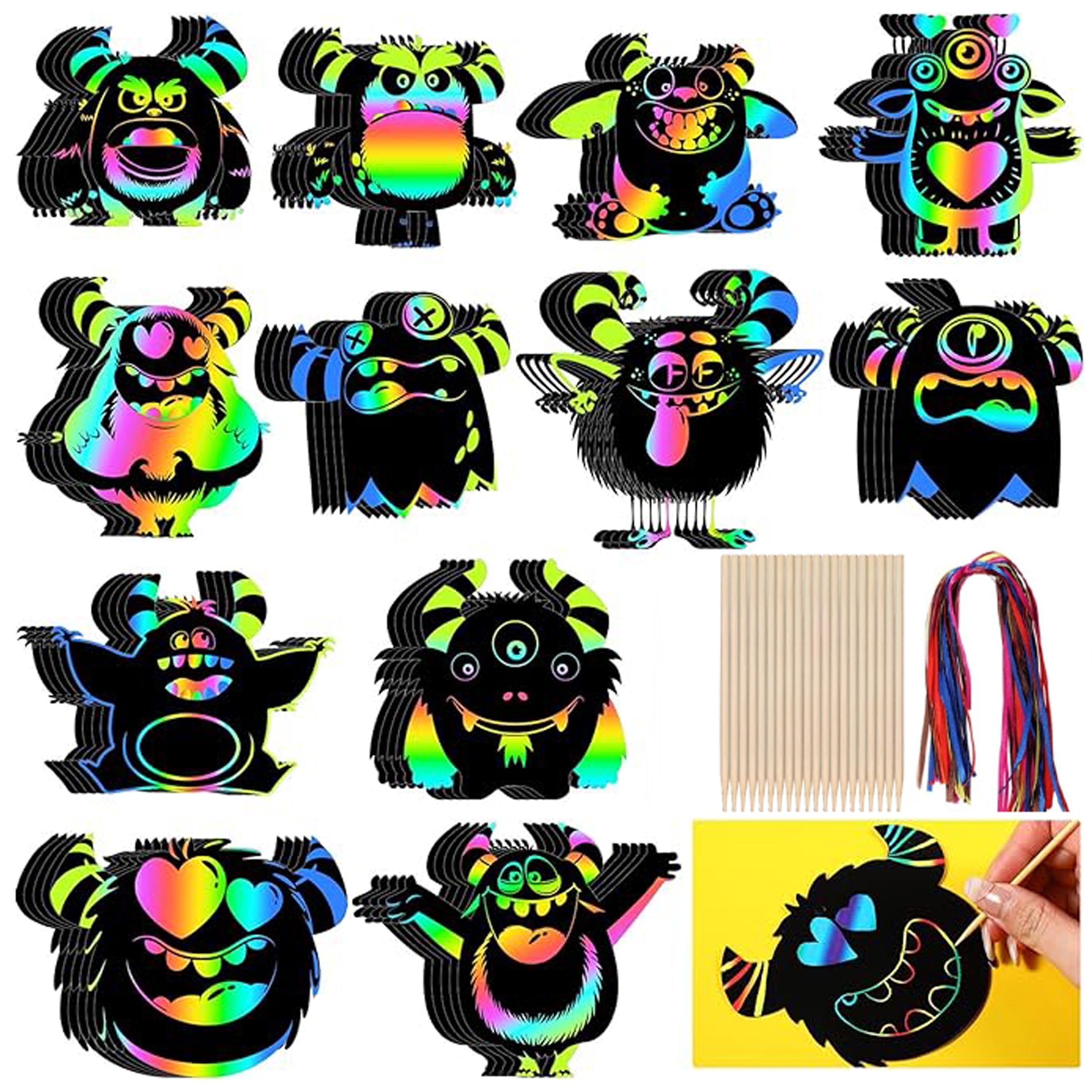 

48-piece Monster Scratch Art Set With Rainbow Paper, Ribbons & Styluses - Perfect For Graduation, Birthday Parties & Home Decor, 12 Unique Designs