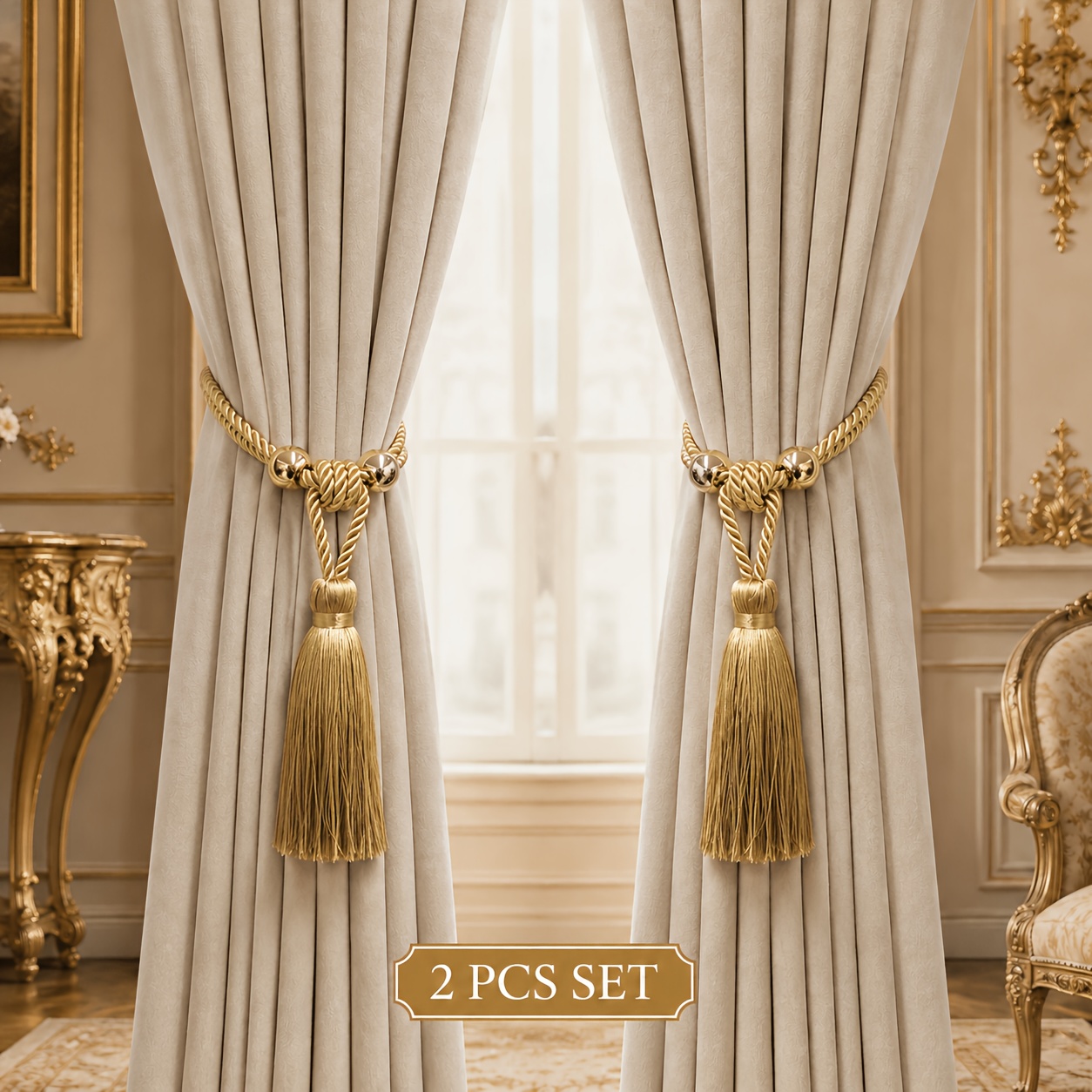 TEMU 2pcs Minimalist Light Luxury Tassel Curtain Tieback Set, Soft Flexible With Shiny Metal Balls, Long Drape Tassels, Match Cream And Light