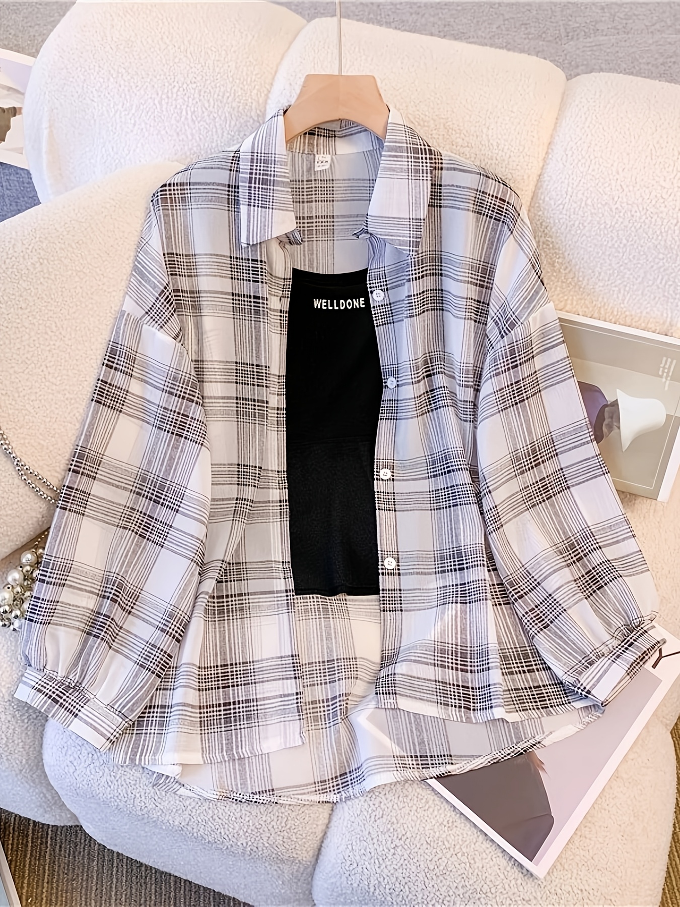 womens spring summer red and black plaid shirt loose fit button front chiffon sheer cardigan fashion elegant versatile vacation ac office sunscreen cover up korean style breathable   jacket