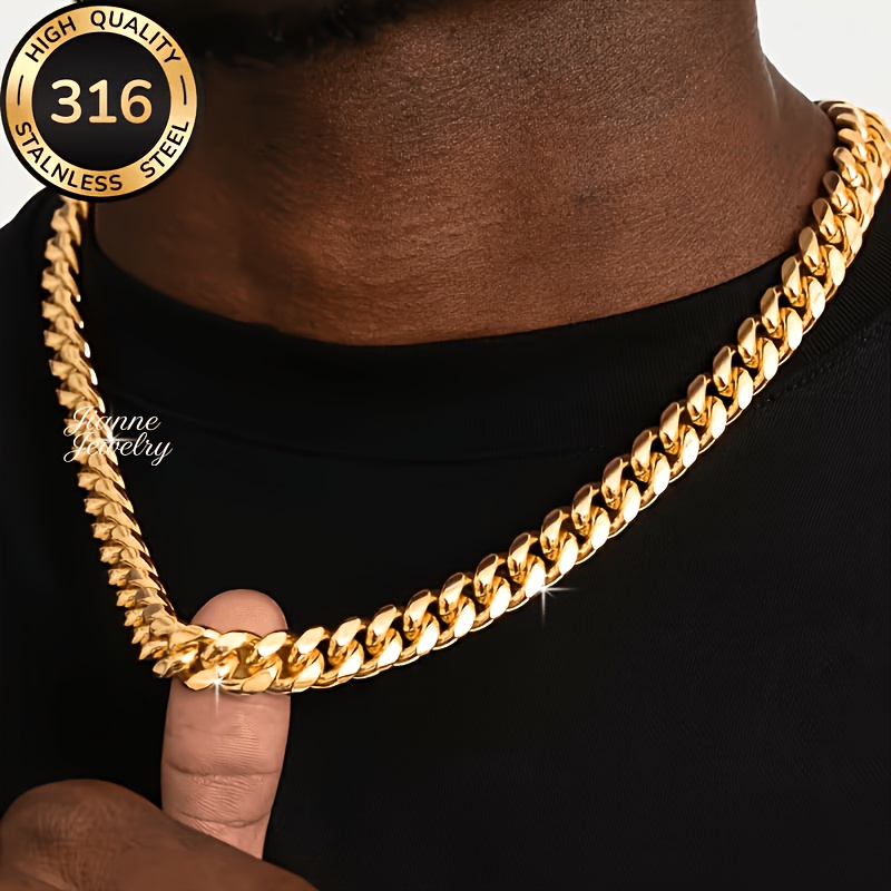 TEMU Fashionable Heavy-duty Thick 316l Stainless Steel Cuban Link Chain Necklace, 7mm Unisex - Hypoallergenic, Fade-resistant, High-quality, Simple