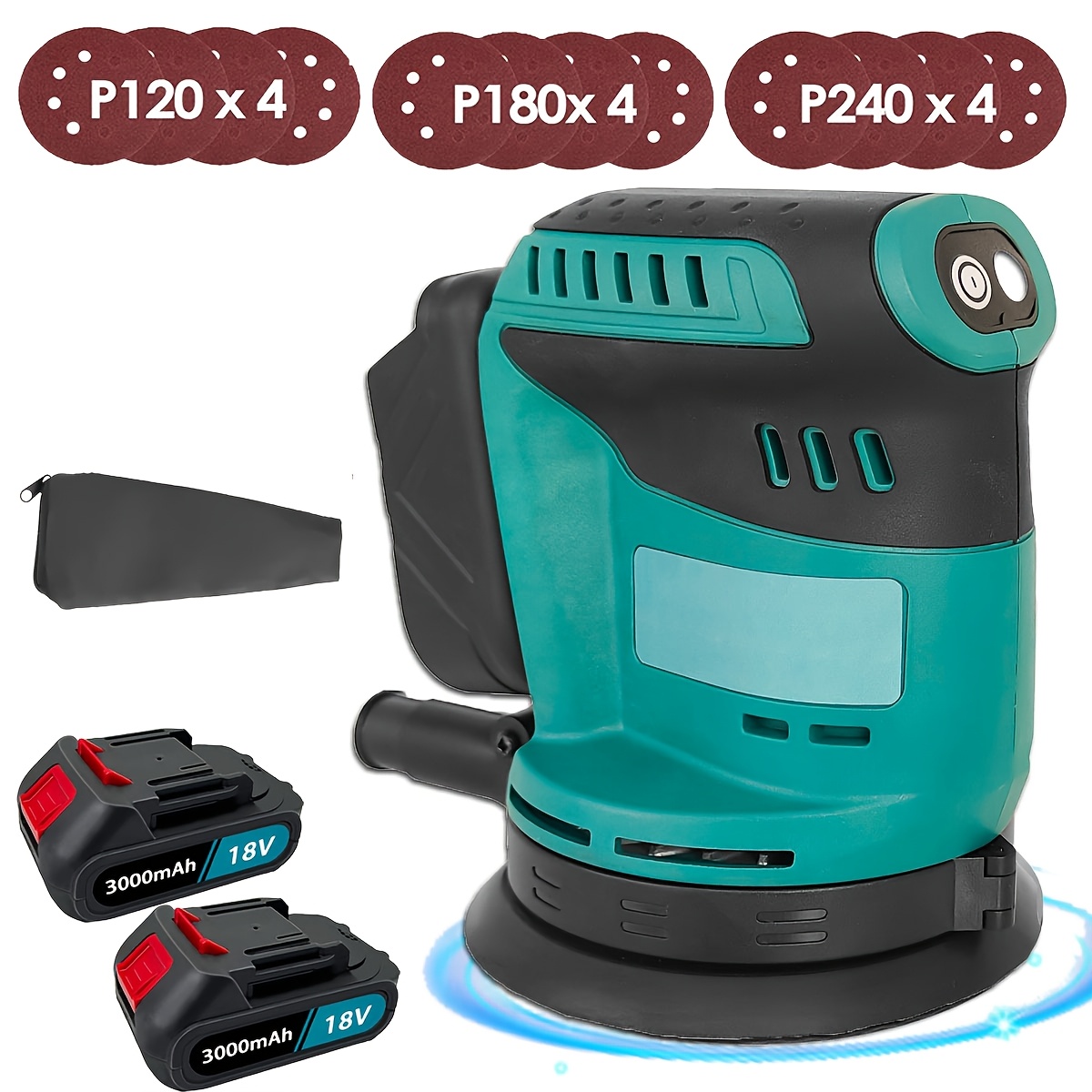 Orbitale en Willekeurige Orbitale Schuurmachines, Accu-Orbital 125mm, 3 Snelheden, met Stofzak en 12 Schuurpapieren