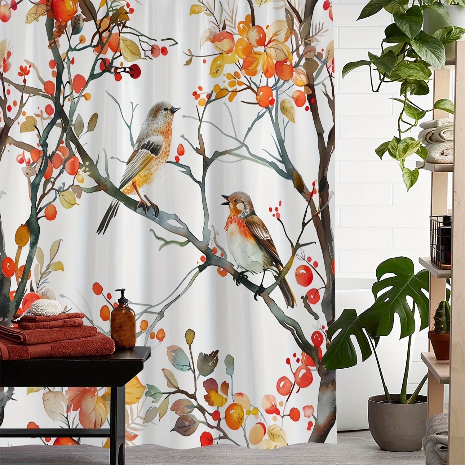 

1 Waterproof Shower Curtain With Bird Branch Print And 12 Hooks Included Curtain For Windows