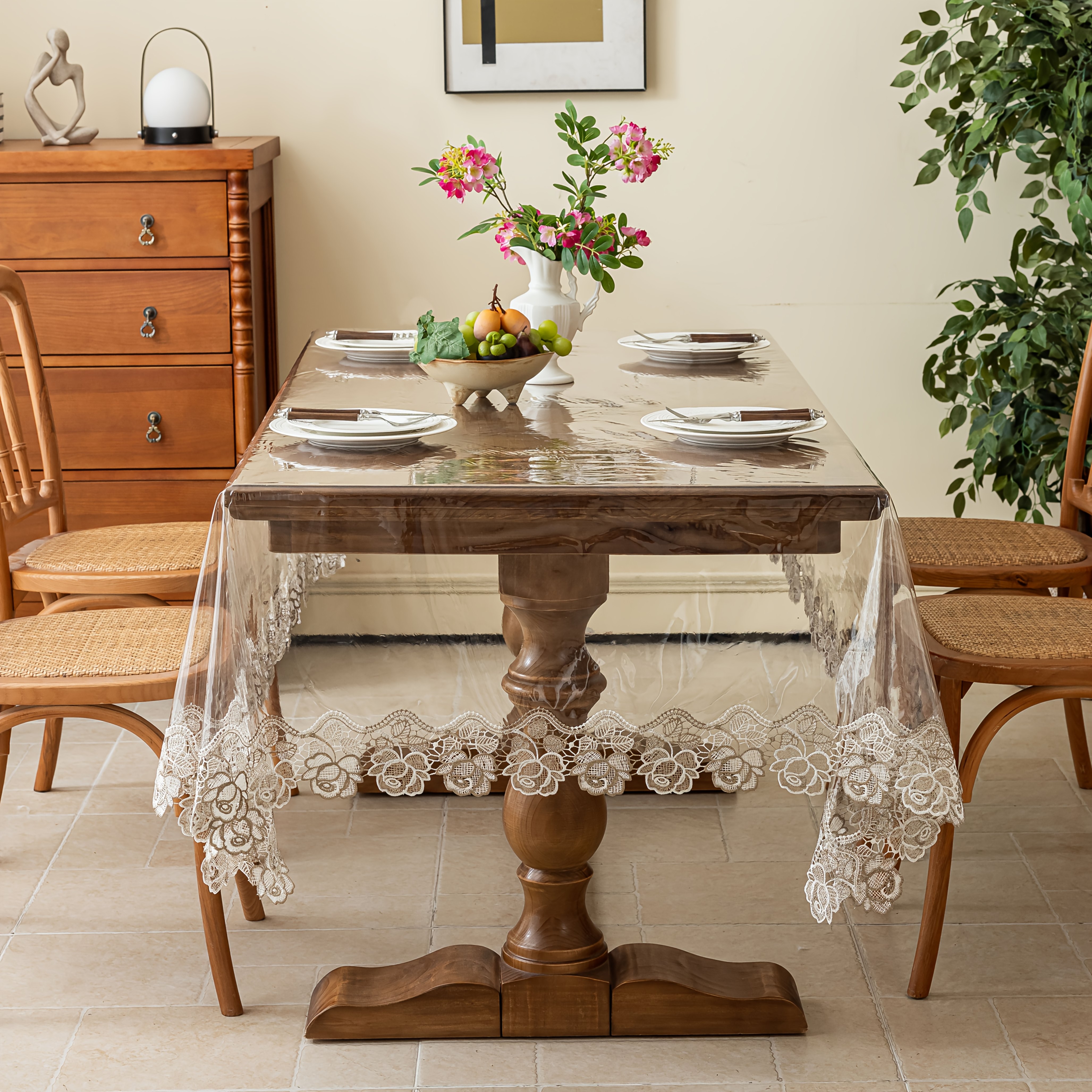1pc tablecloth non slip pvc material with rose embroidery lace edge for   ambiance   table cover dust proof and   suitable for kitchen dining room or party decoration