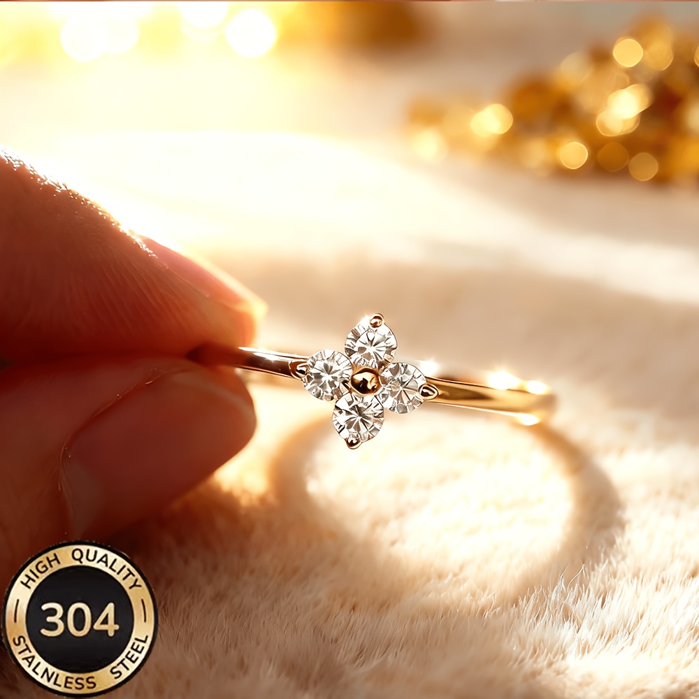 TEMU 304 Stainless Steel 18k Gold-plated Women's Ring, Exquisite And Minimalist Clover Ring, Fade-resistant And Hypoallergenic, Slim Stackable Band,