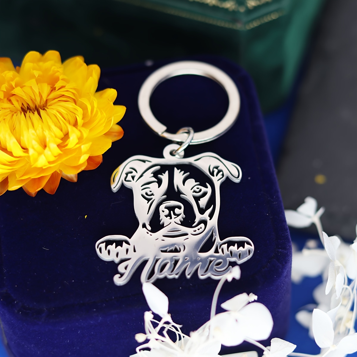 TEMU Custom Name Keychain, Elegant Personalized Keyring, American Staffordshire Terrier Dog Keychain Featuring Name, Dog Breed Silhouette Keyring,