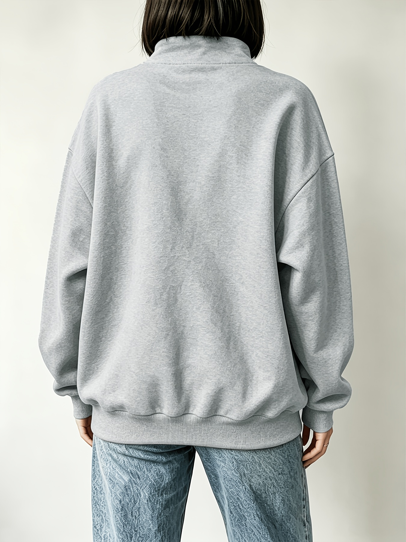 light gray half zip stand collar sweatshirt for women vintage arabic letter print loose drop shoulder long sleeve casual commuter versatile pullover top