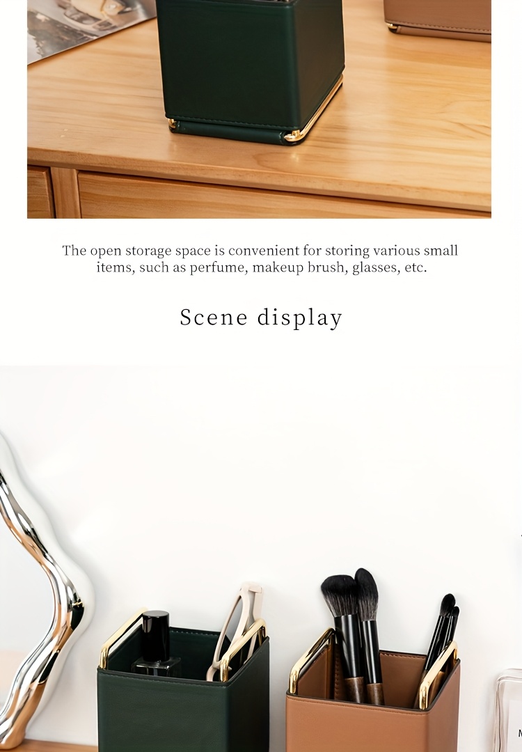 1pc of lightweight   leather storage tube makeup brush organizer vanity eyebrow and eyeshadow brush holder metal frame leather pen case desktop remote   storage box stylish square storage box multifunctional shelf living room countertop organizer fashionable high quality item Product details 6