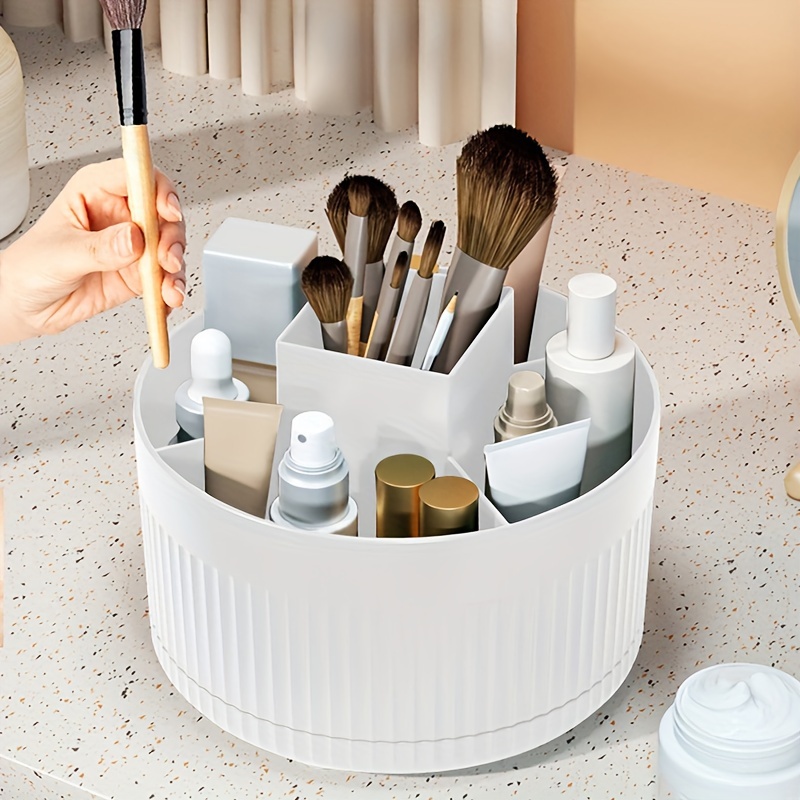 1pc sleek white 360 degree rotating makeup organizer multi function cosmetic storage box with textured design durable plastic no   ideal for brushes skincare products beauty tools makeup brush holder Product details 1