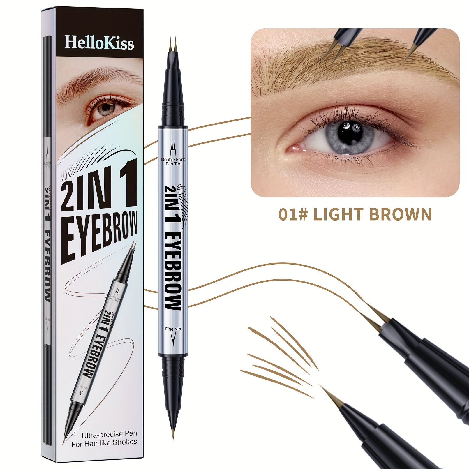2 in 1 eyebrow pencil by hellokiss ultra fine tip for natural look waterproof sweatproof brown shades light   dark       for beginners professional