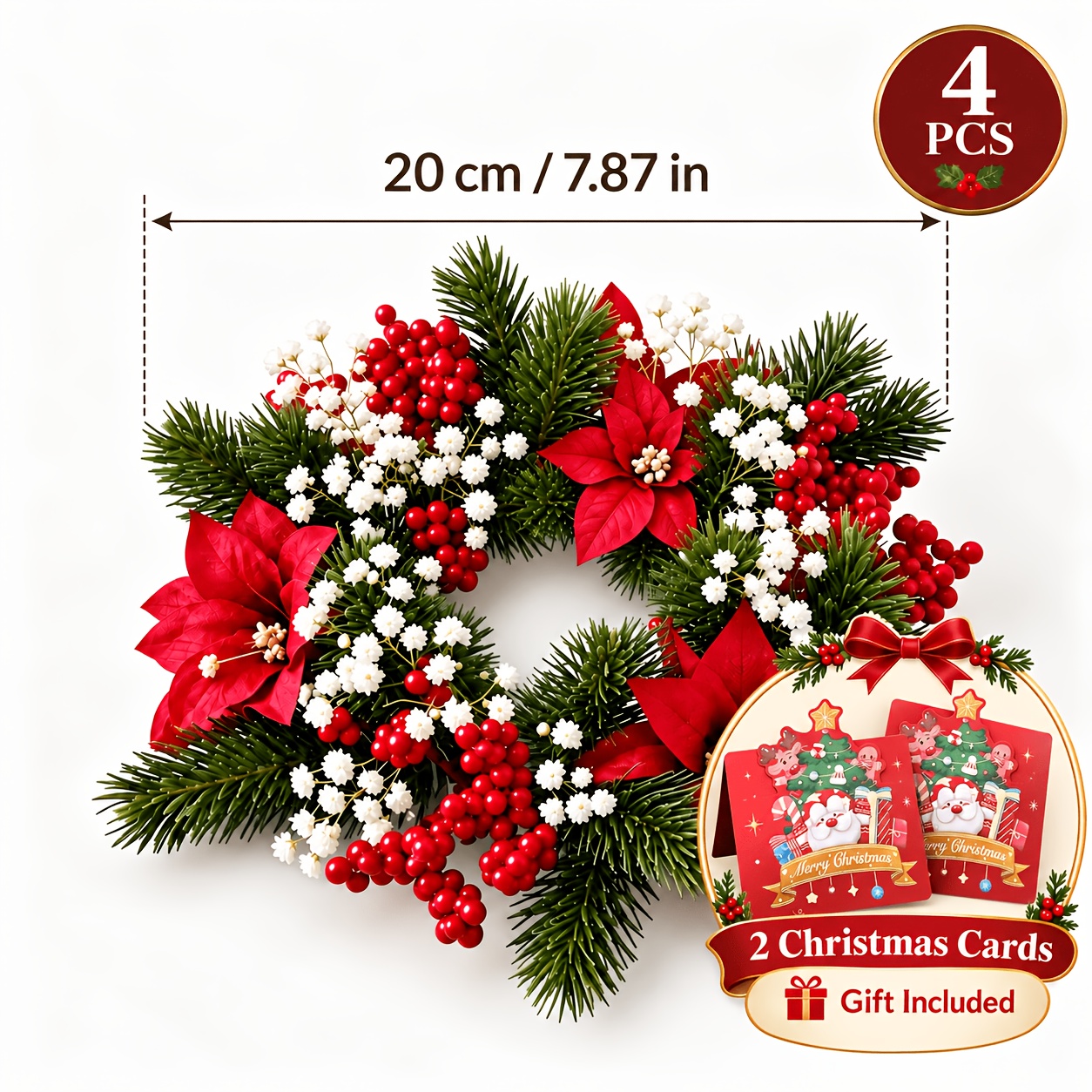 TEMU 4pcs Artificial Dahlia Candle Rings With Red Berries & Pine Cones + 1 Bonus Christmas Tree Keychain, Holiday Candle Garlands For Tabletop, Front