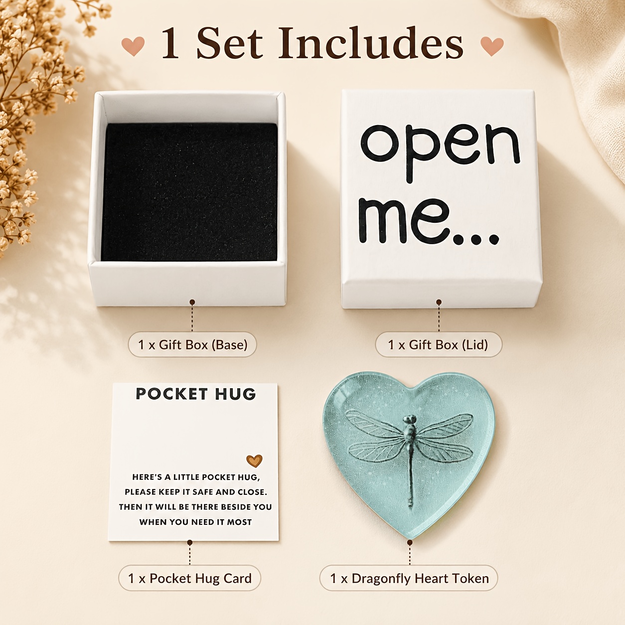 TEMU Pocket Hug 2d Dragonfly Heart-shaped Gift Box Set, Includes , Warm Card, And Transparent Heart-shaped Dragonfly Decoration, Suitable For ,