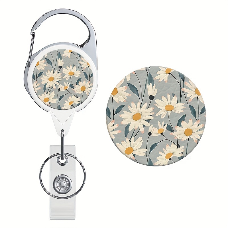 Image of Elegant Vintage White Daisy Flower Pattern Retractable Badge Holder, Badge Scroll, Id Card Holder, Keychain For Teachers, Doctors, Nurses, Office Workers And Students!