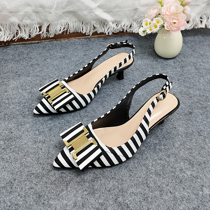 TEMU Vintage Style Black And White Striped Pointed Toe Open Back Kitten Heel Shoes With Metal , , Elegant Banquet Temperament Women's Shoes, Women