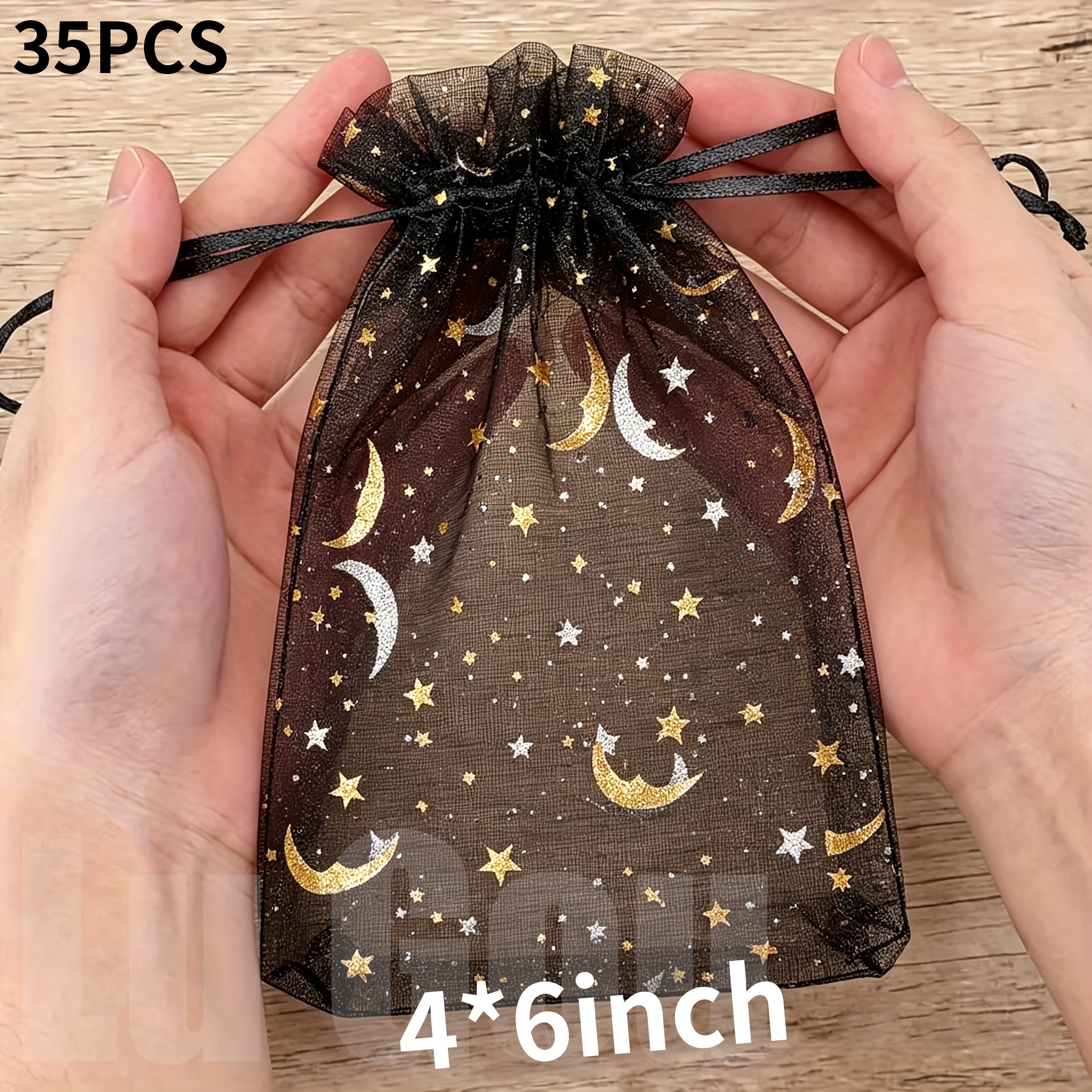 TEMU 35pcs 4x6 Inch Black Moon Star Organza Drawstring Gift Bags, Sheer Lightweight Mesh Favor Pouches, Reusable Drawstring Sacks For Wedding Favors,