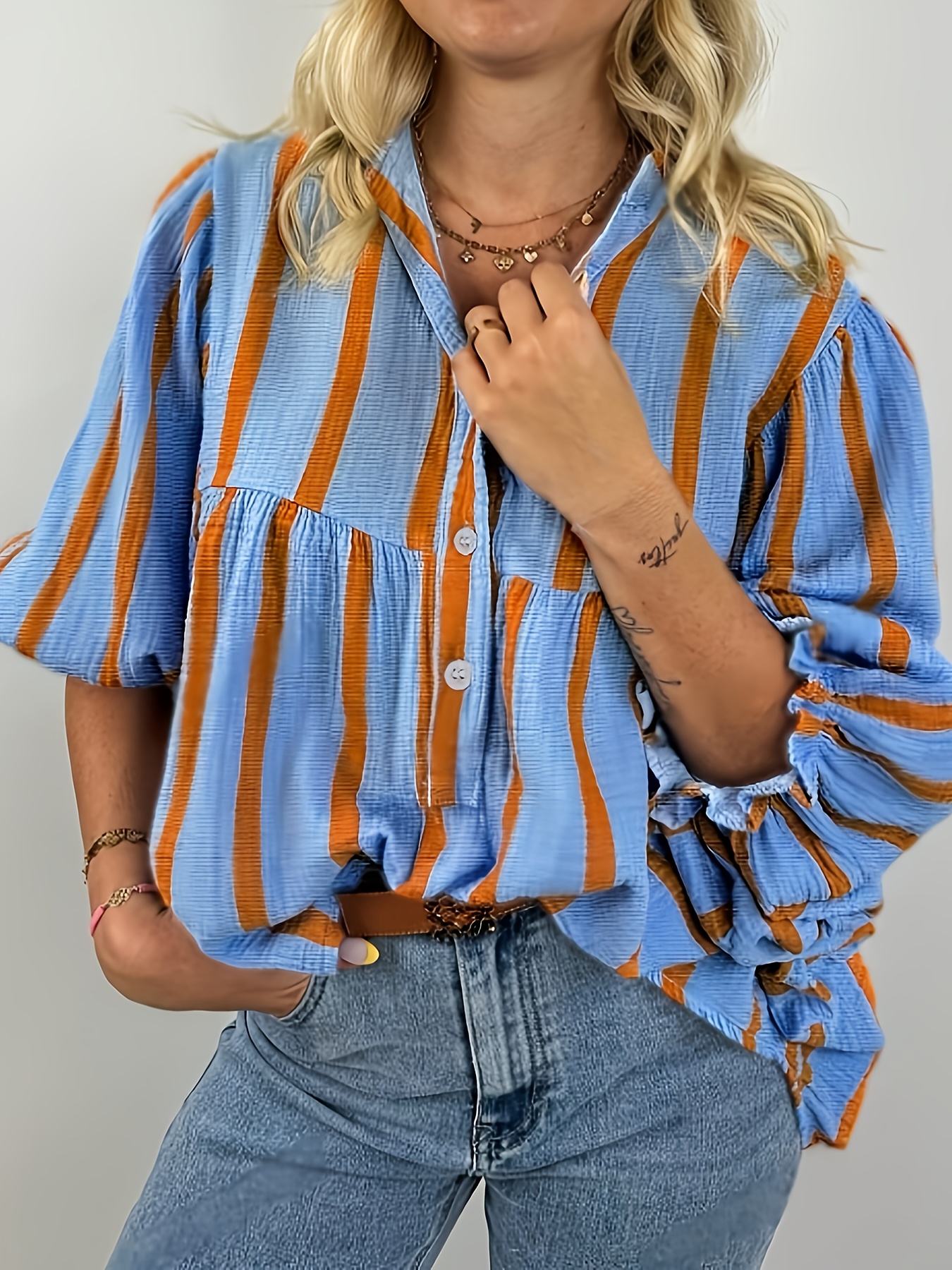 Gestreifte Damenbluse Mit V-Ausschnitt - Langarm Bluse Slim Fit Für Büro & Freizeit