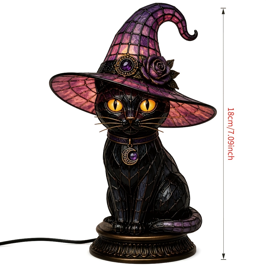 Black cat lamp wearing a purple patterned witch hat