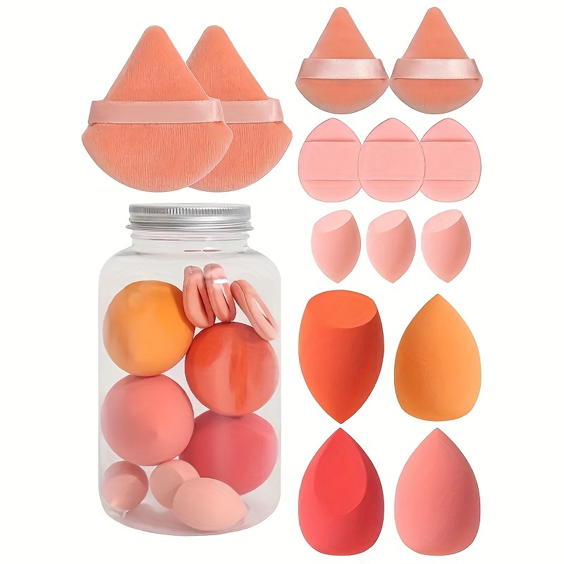 

14pcs Makeup Sponge Set With Storage Jar - Ultra-soft, Dual-use Wet & Dry Blending Sponges For Flawless Foundation Application, Formaldehyde-free