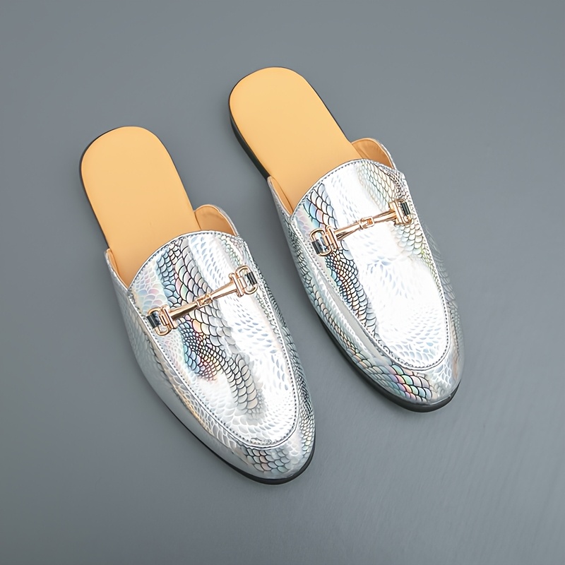 mens stylish metallic fish scale slip on loafers pointed toe no