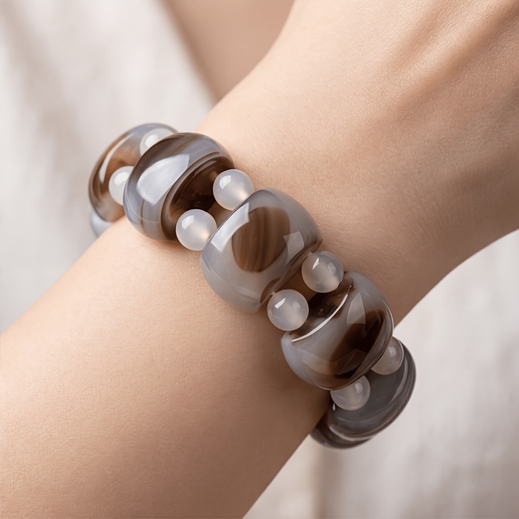 TEMU Natural Agate Stone Bracelet, Geometric Chunky Striped Beaded Stretch Bangle, Bohemian Vintage Style Jewelry For Men And Women, Unique Birthday